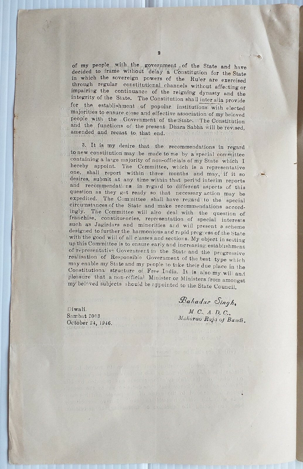 India Bundi State 1946 Declaration Human Rights & Constitutional Reform Maharaja