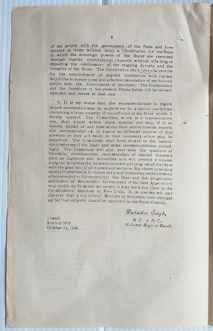 India Bundi State 1946 Declaration Human Rights & Constitutional Reform Maharaja