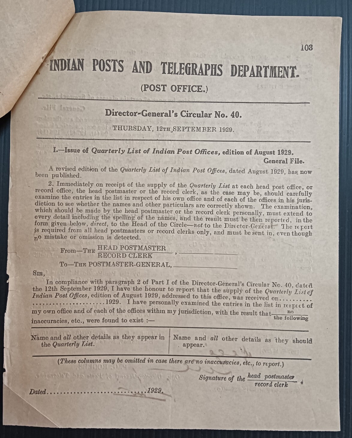 India 1929 POSTAL NOTICE + CIRCULAR Prohibition transmission of fireworks