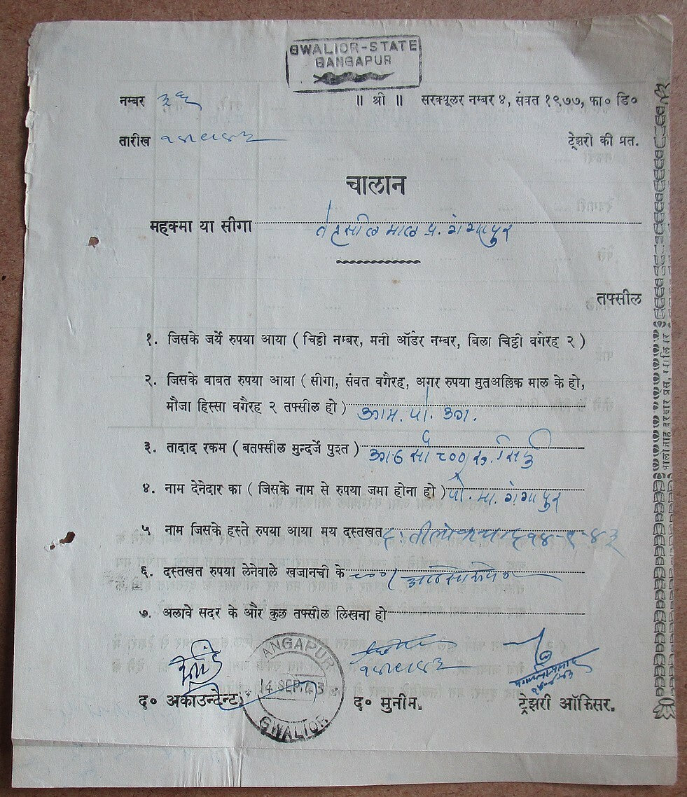 India Gwalior State postal form used 1943