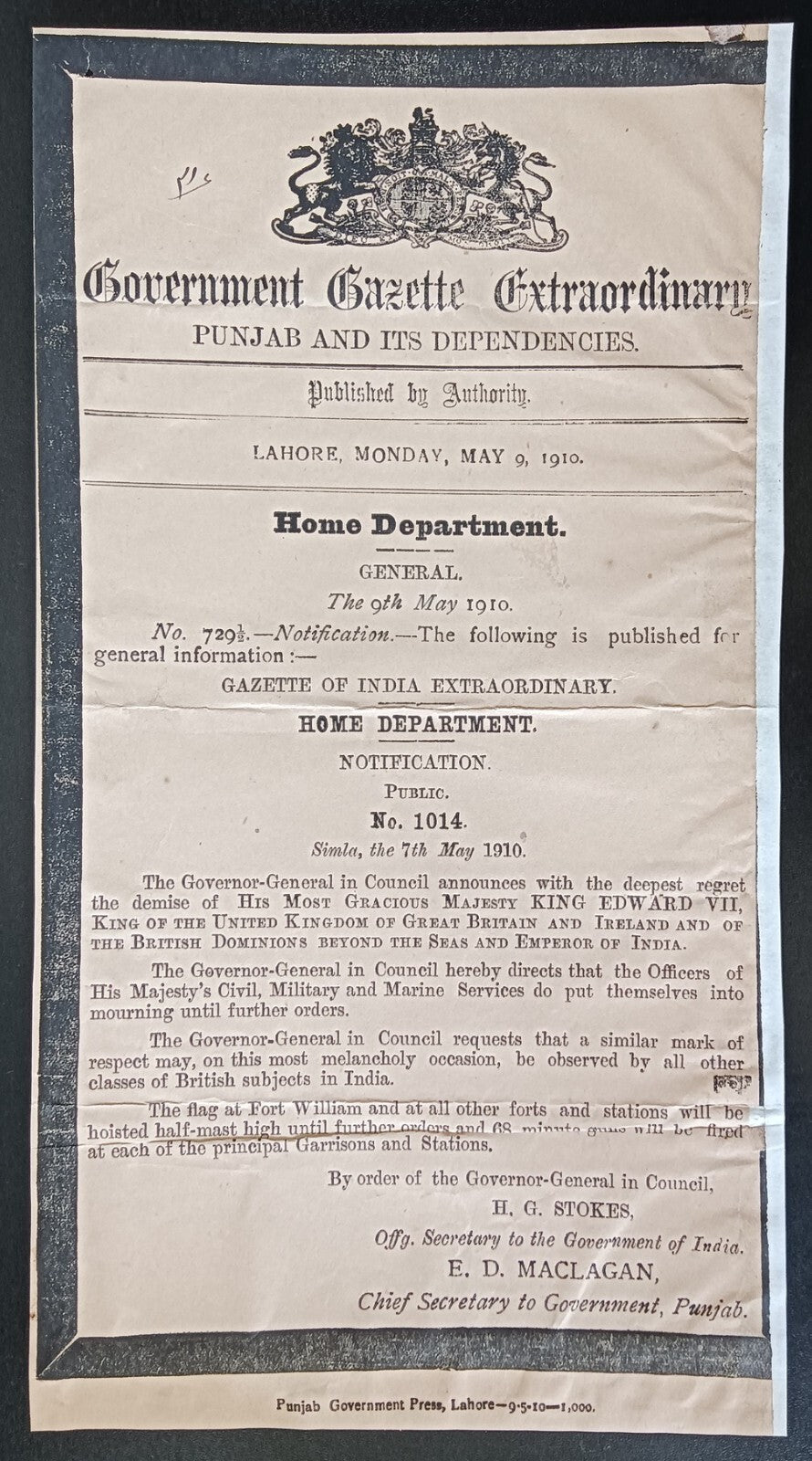 India 1910 black bordered Gazette notifying the death of King Edward VII