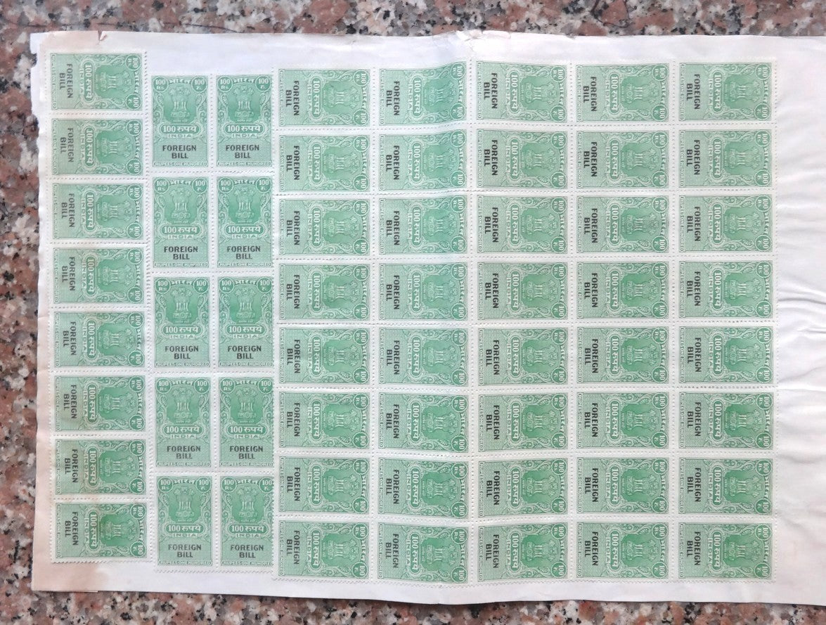 India 108 Foreign Bill 100R revenue stamps on part document