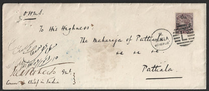India 1890 OHMS crested cover signed Earl Roberts, Commander in Chief in India