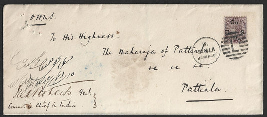 India 1890 OHMS crested cover signed Earl Roberts, Commander in Chief in India