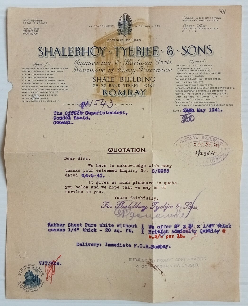 AOP India 1941 illustrated letterhead RAILWAY TOOLS "LOCOMOTIVE" BRAND Bombay