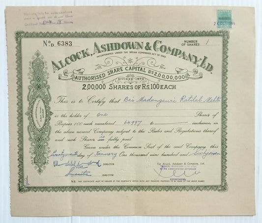 AOP India 1966 Alcock Ashdown & Company Ltd share certificate