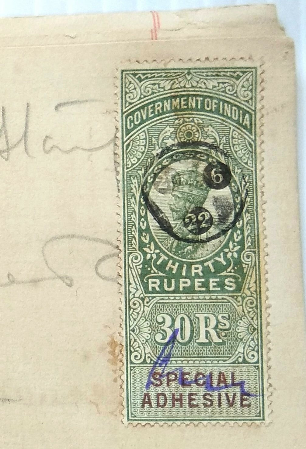 India 1922 Indenture with KGV Special Adhesives 30R