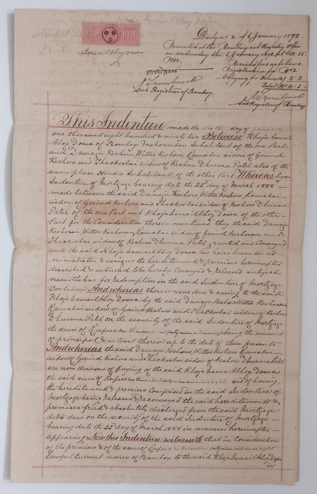 AOP India QV Queen Victoria 1868 Special Adhesive 10R on 1892 indenture 3 pgs