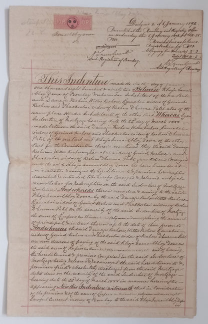 AOP India QV Queen Victoria 1868 Special Adhesive 10R on 1892 indenture 3 pgs