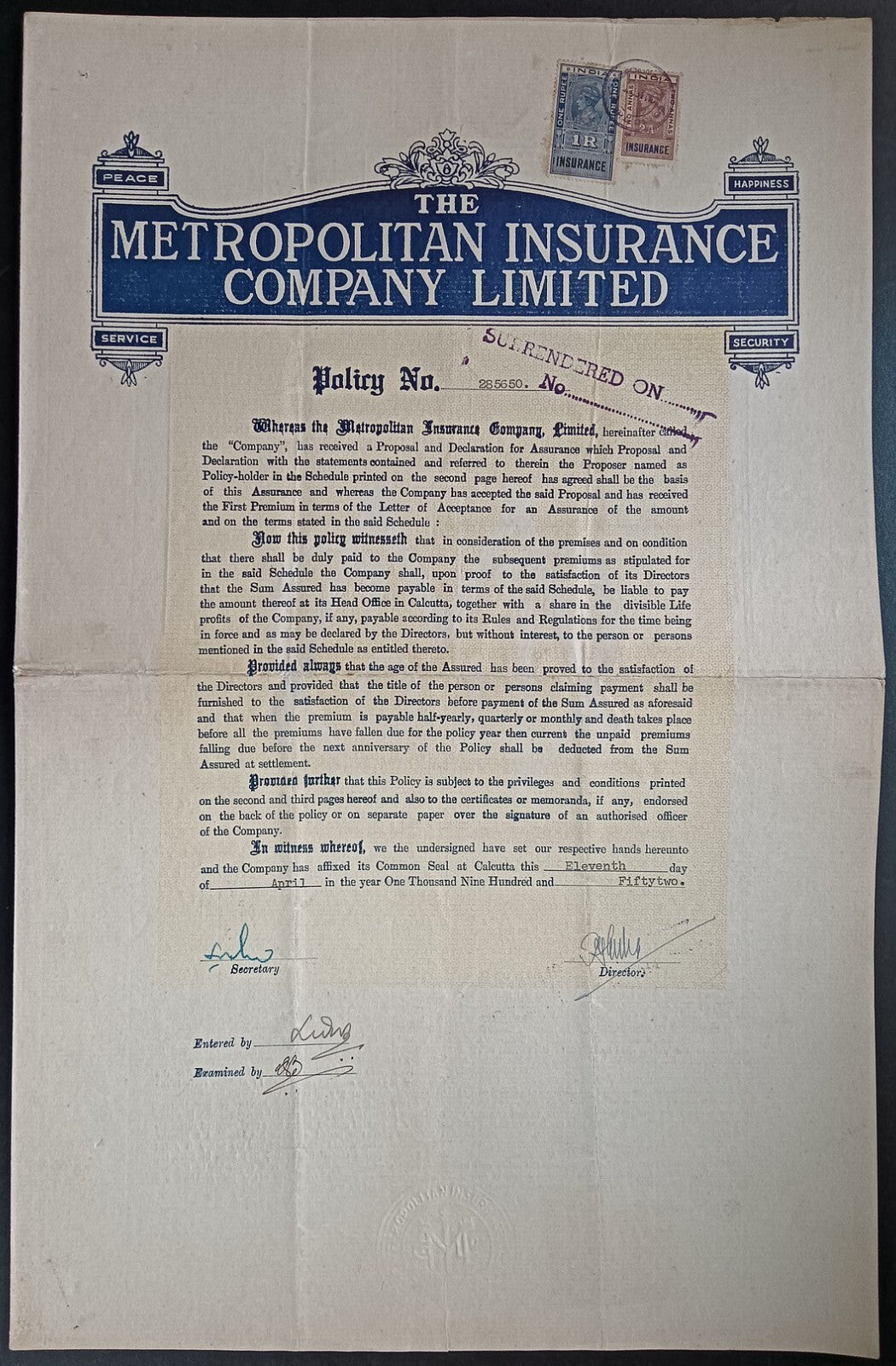 India METROPOLITAN INSURANCE COMPANY 1952 Insurance Policy