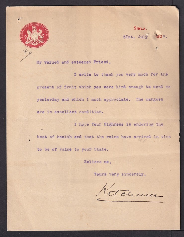 COMMANDER IN CHIEF IN INDIA 1907 crested letter signed (Herbert) Kitchener