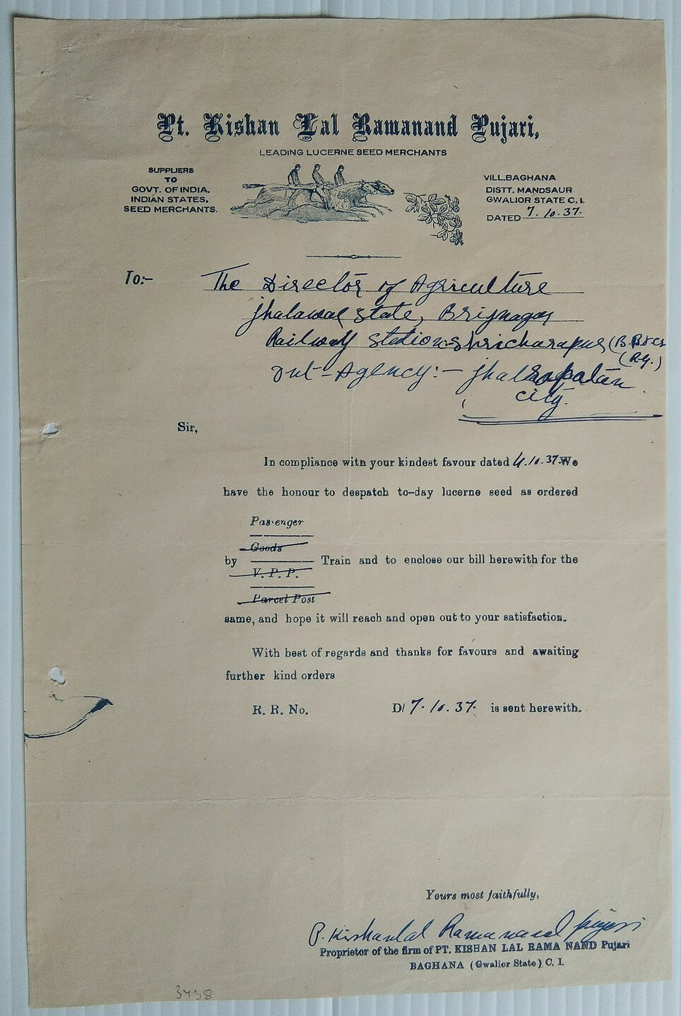 India 1937 Kishan Lal Ramanand Lucerne seed merchants pictorial Letterhead