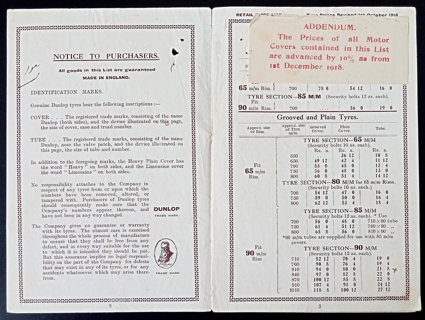 India 1918-19 DUNLOP PNEUMATIC MOTOR TYRES Retail Price List
