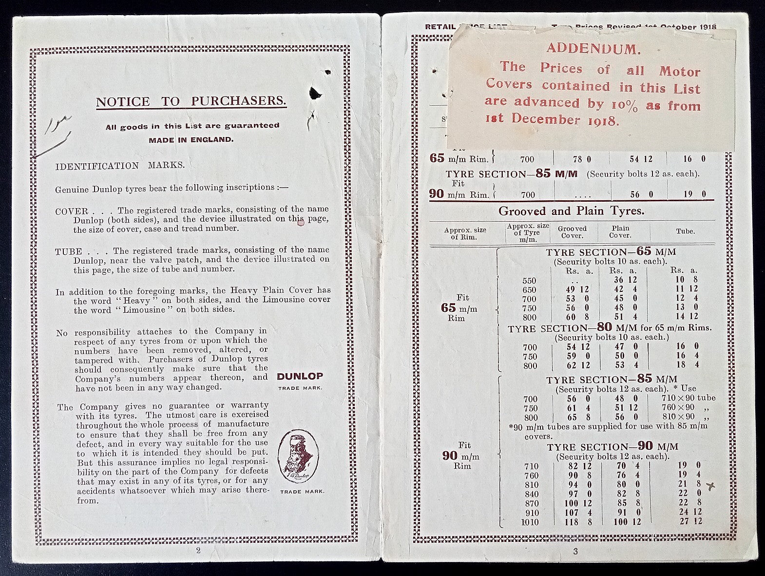 India 1918-19 DUNLOP PNEUMATIC MOTOR TYRES Retail Price List