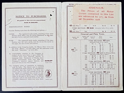 India 1918-19 DUNLOP PNEUMATIC MOTOR TYRES Retail Price List