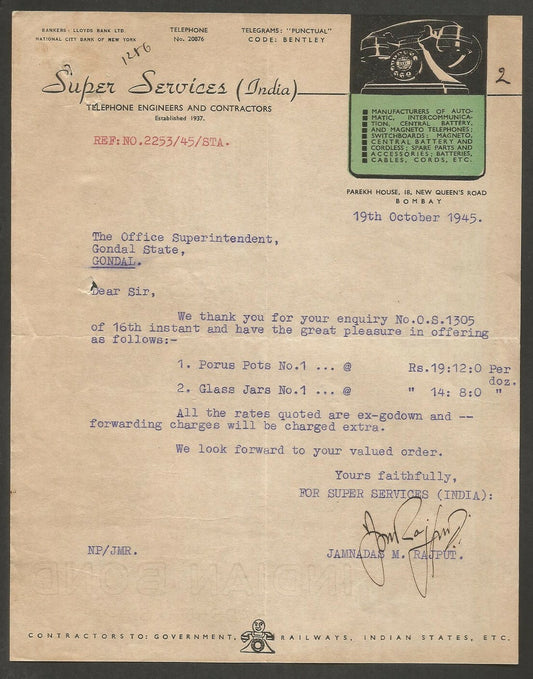 India 1945 illus letterhead TELEPHONE ENGINEERS & CONTRACTORS Bombay
