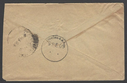 AOPIMT India 1909 cover with horseshoe "L-57.S.M.O. LUDHIANA / DUE / …. AS"
