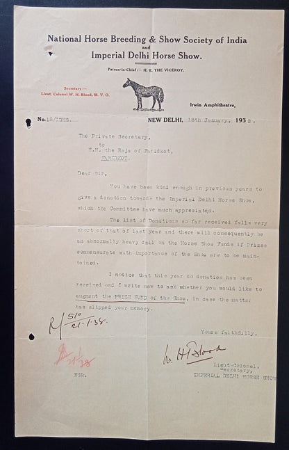 Imperial Delhi Horse Show 1938 pictorial advertisement letterhead India