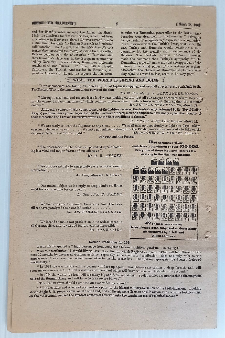 AOP India 1944 WW2 Propaganda rag BEHIND THE HEADLINES WAR AGAINST U-BOATS 8pgs