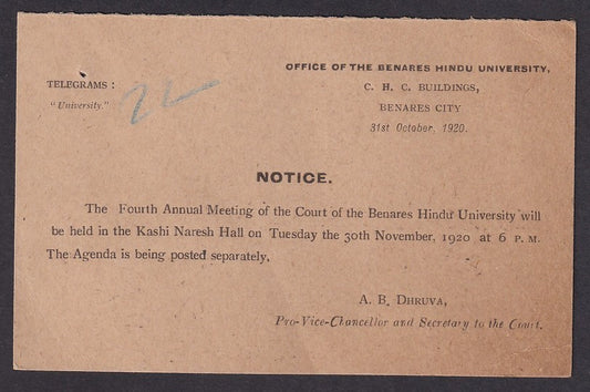 India 1929 BHU Benares Hindu University AGM announcement on postcard