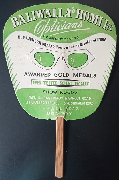 India vintage c.1940 HAND FAN with advertisement for Baliwalla & Homi Opticians
