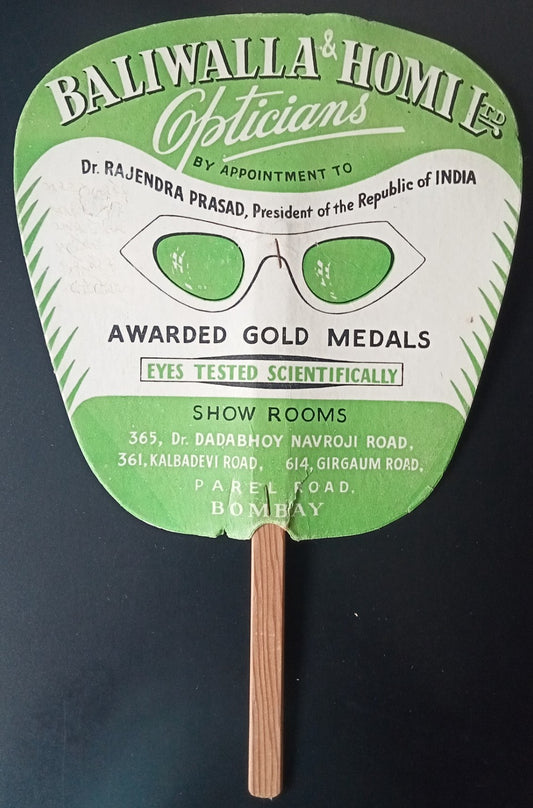 India vintage c.1940 HAND FAN with advertisement for Baliwalla & Homi Opticians