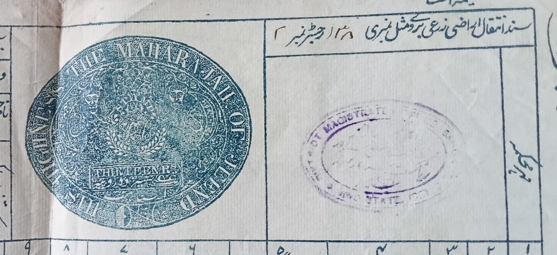 India JIND State KGV POSTAGE 4a x 2 & 8a on 13R blue double sized stamp paper