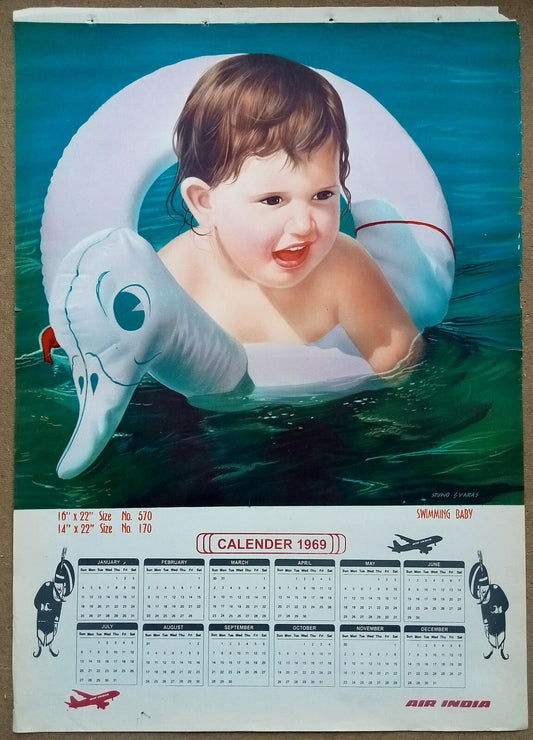 AIR INDIA 1969 poster calender 570 - SWINING BABY - STUDIO : S. V. VARAS - R