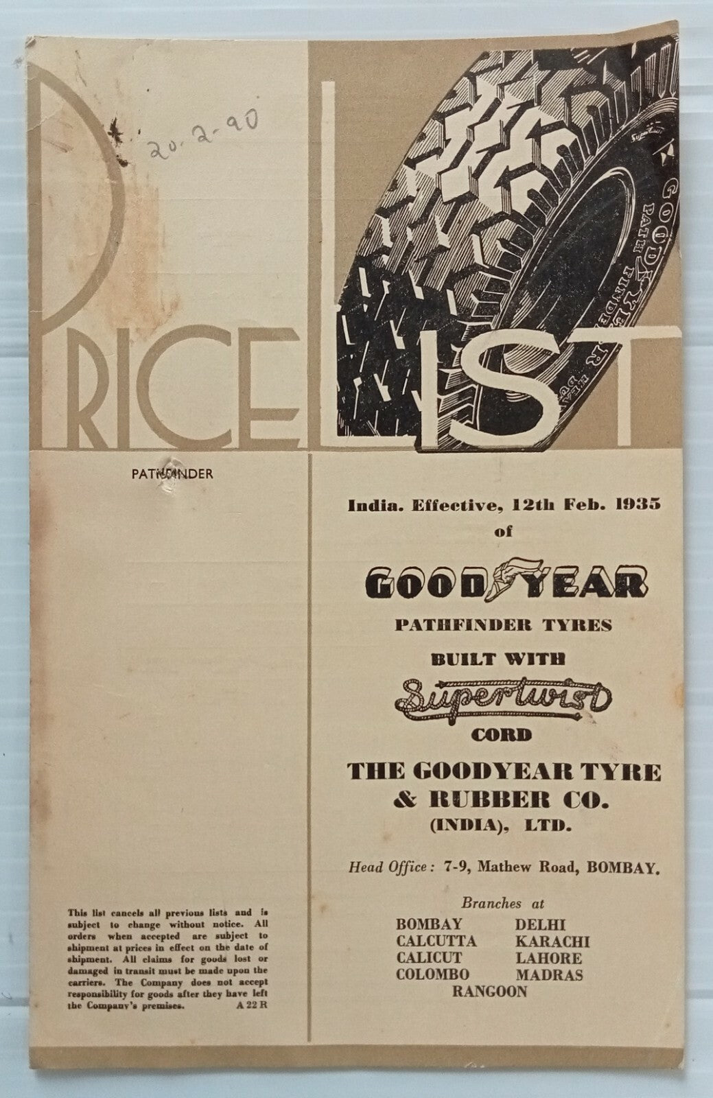 AOP india Feb 1935 GOODYEAR India Tyres Price List