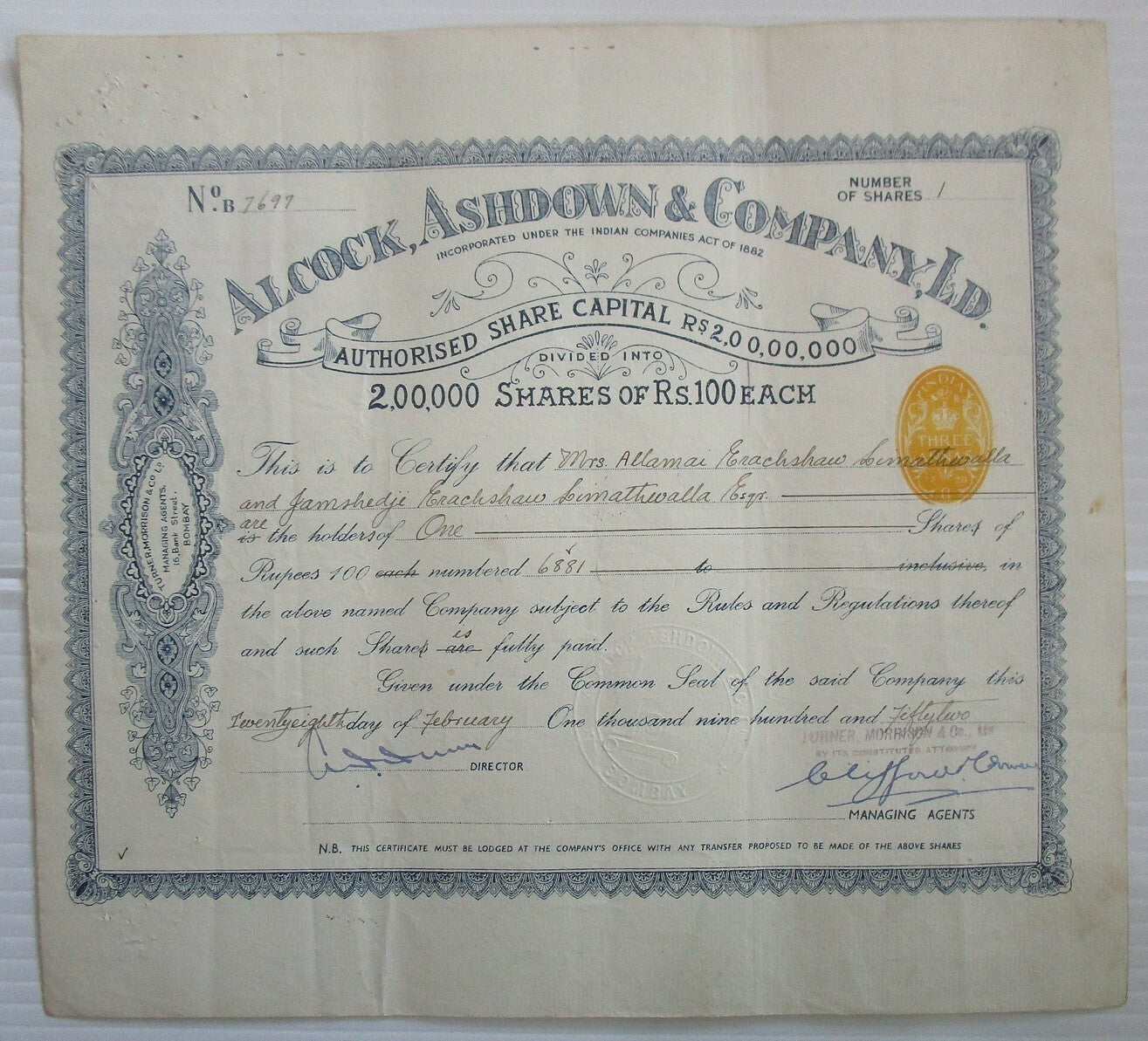 India 3a yellow impressed revenue stamp on Alcock Asdown & Co share certify