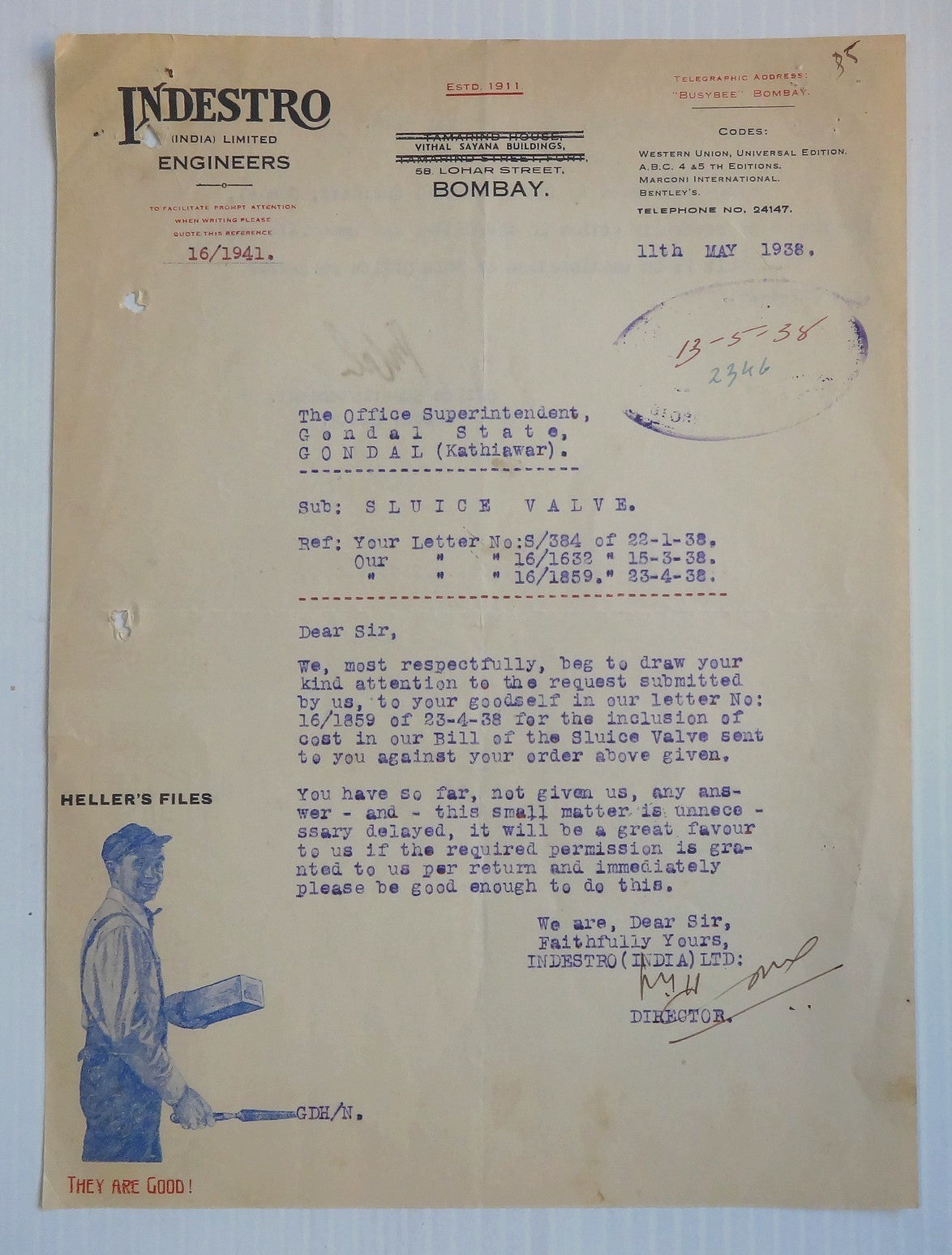 India 1938 illustrated letterhead INDESTRO ENGINEERS Bombay