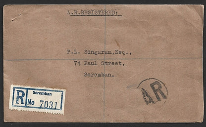 Malaya Negri Sembilan 1957 registered cover to India wi Seremban A.R. in circle