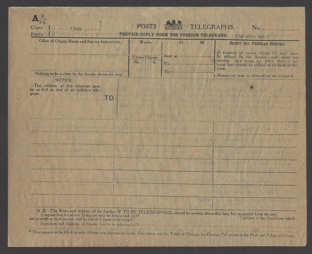 India 1925 PREPAID REPLY FORM FOR FOREIGN TELEGRAMS unused