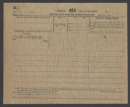 India 1925 PREPAID REPLY FORM FOR FOREIGN TELEGRAMS unused