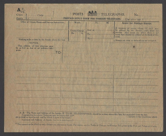 India 1925 PREPAID REPLY FORM FOR FOREIGN TELEGRAMS unused