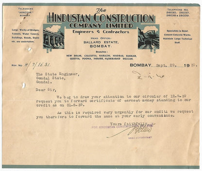 India 1939 Hindustan Construction Company illustrated letterheads (2) Ӝ