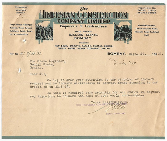 India 1939 Hindustan Construction Company illustrated letterheads (2) Ӝ