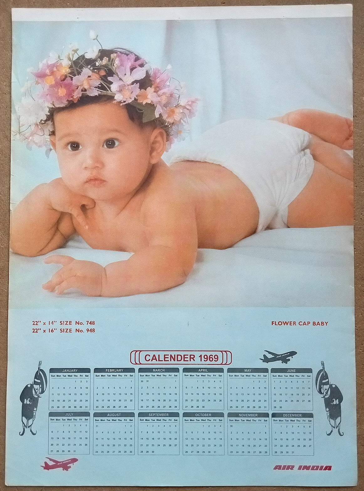 AIR INDIA 1969 poster calender 948 - FLOWER CAP BABY - R