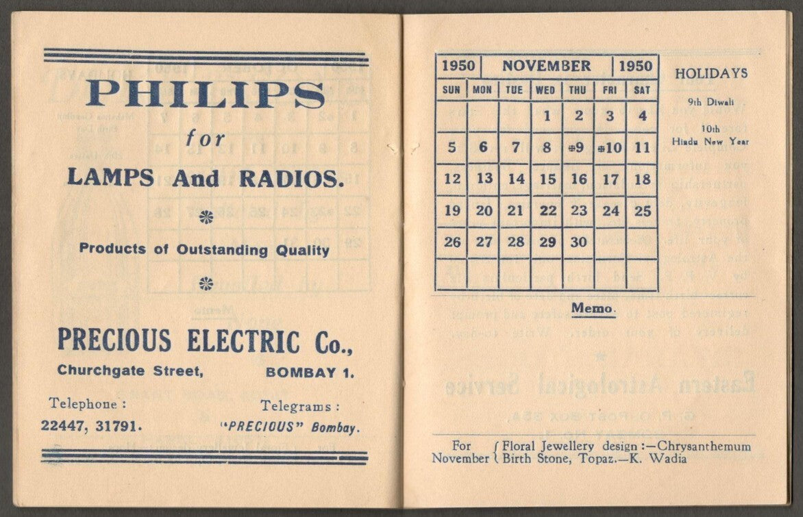 (AOP) India 1950 promotional dairy The Indian States & Estern Agency WIRELESS