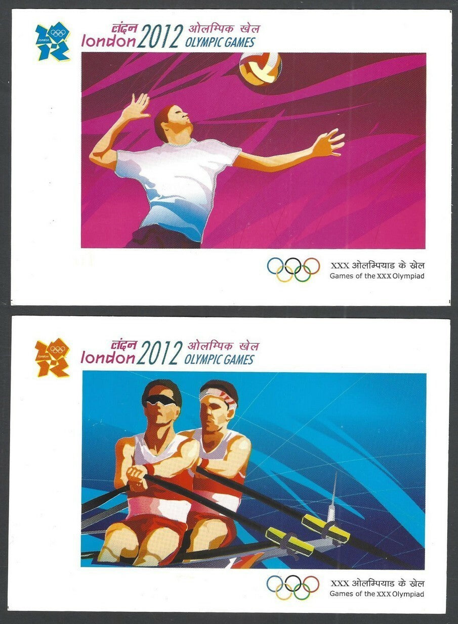 India 2012 Olympics set of 4 postcards with MS miniature sheets used First Day