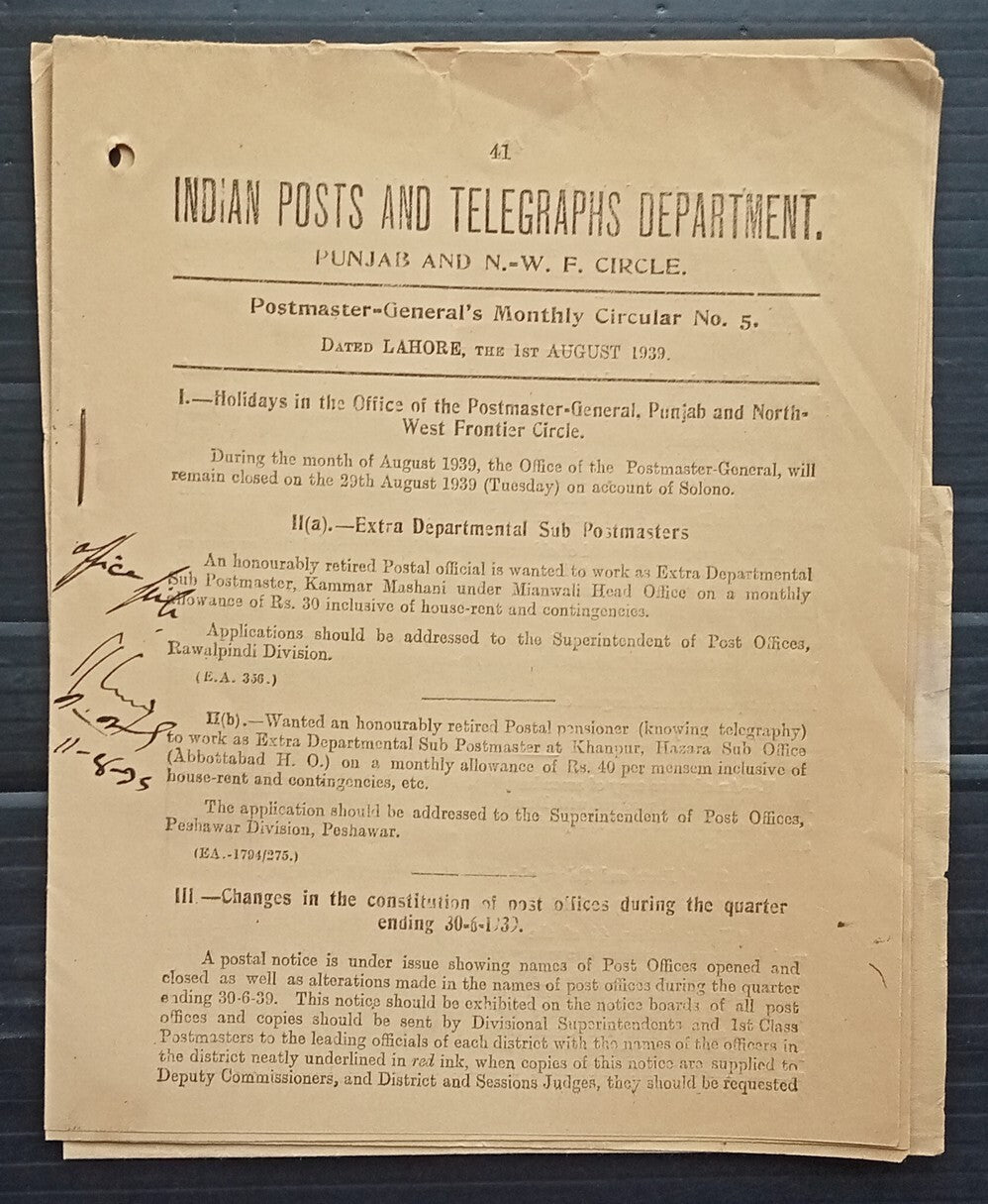 India 1939 POSTAL NOTICE several topics Interception of banned publications