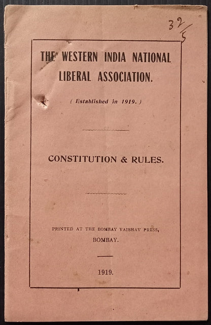 THE WESTERN INDIA LIBERAL ASSOCIATION CONSTITUTION & RULES 1919 12 page booklet