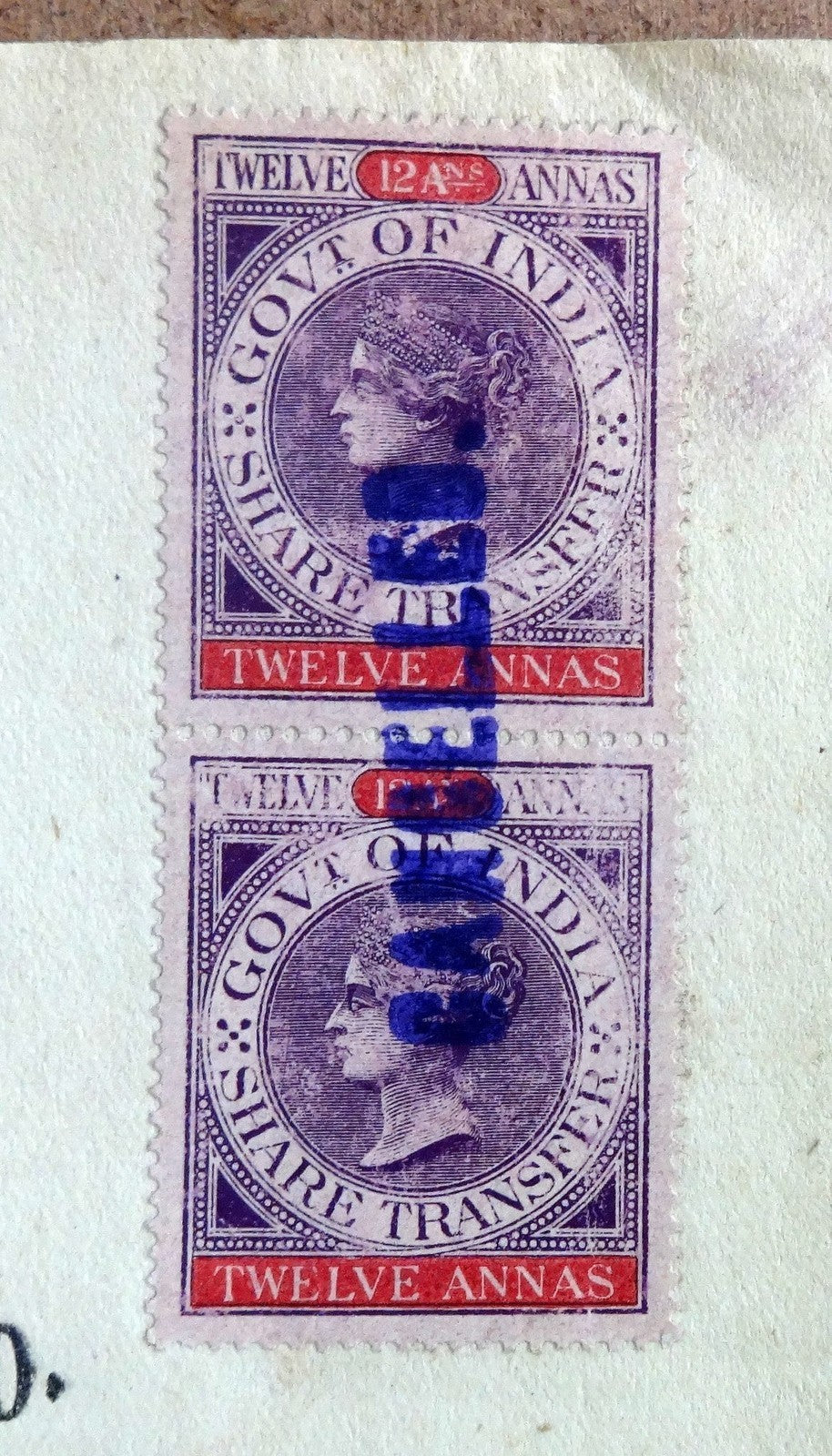 India 1863 QV 12as Share Transfer stamps x 2 on 1918 share transfer form