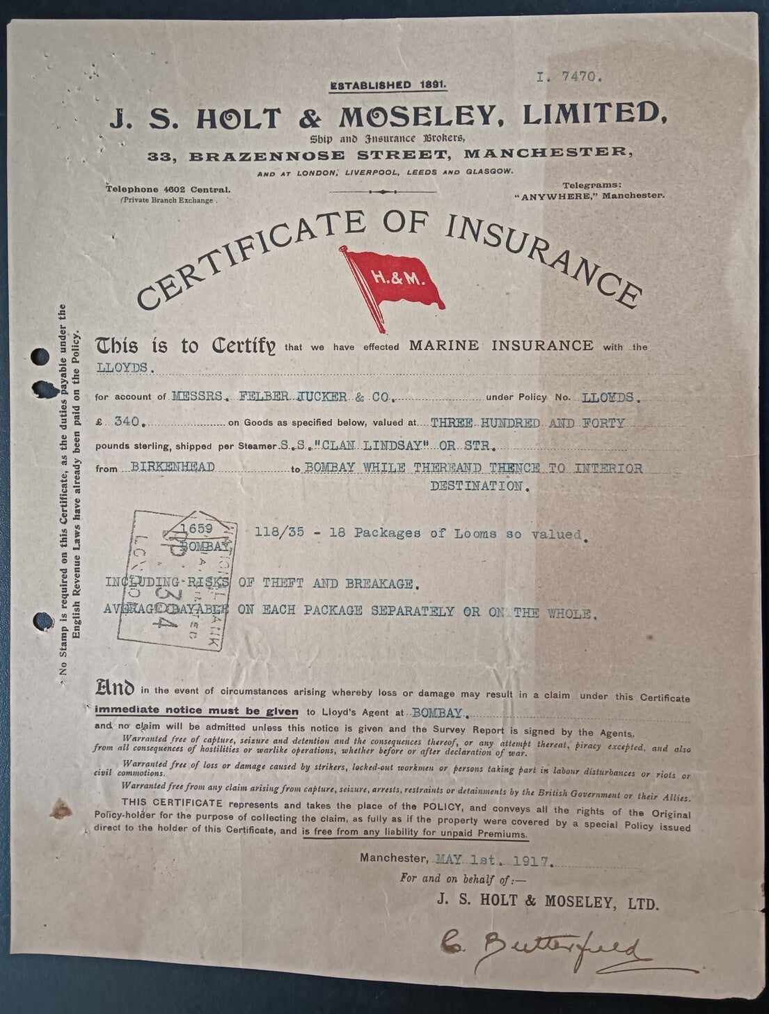 India J.S. HOLT & MOSELEY, Ltd 1917 Marine Insurance Certificate