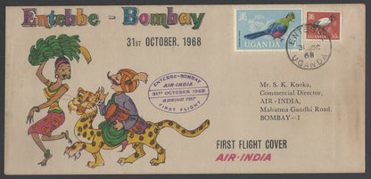 AOP Air India FFC First Flight covers 1968 Entebbe Uganda to Bombay & return (2)