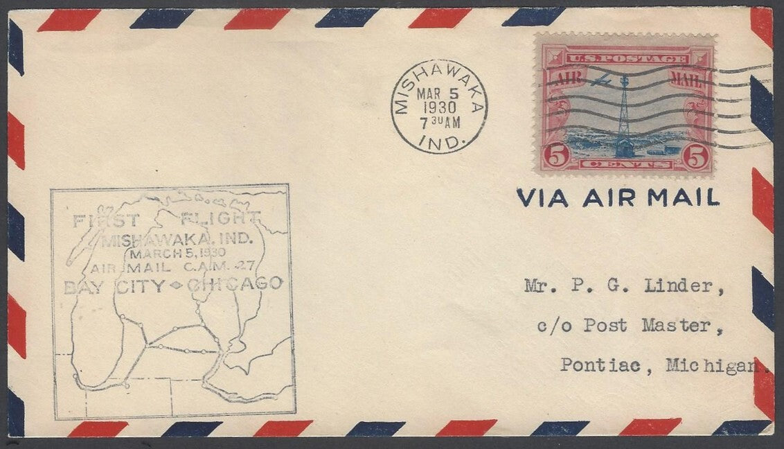 AOP USA 1929 CAM-27 FFC First Flight cover Mishawaka, Indiana