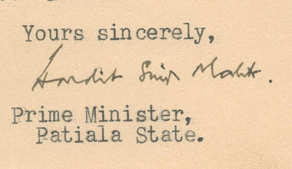 India 1946 crested letter PRIME MINISTER * PATIALA signed