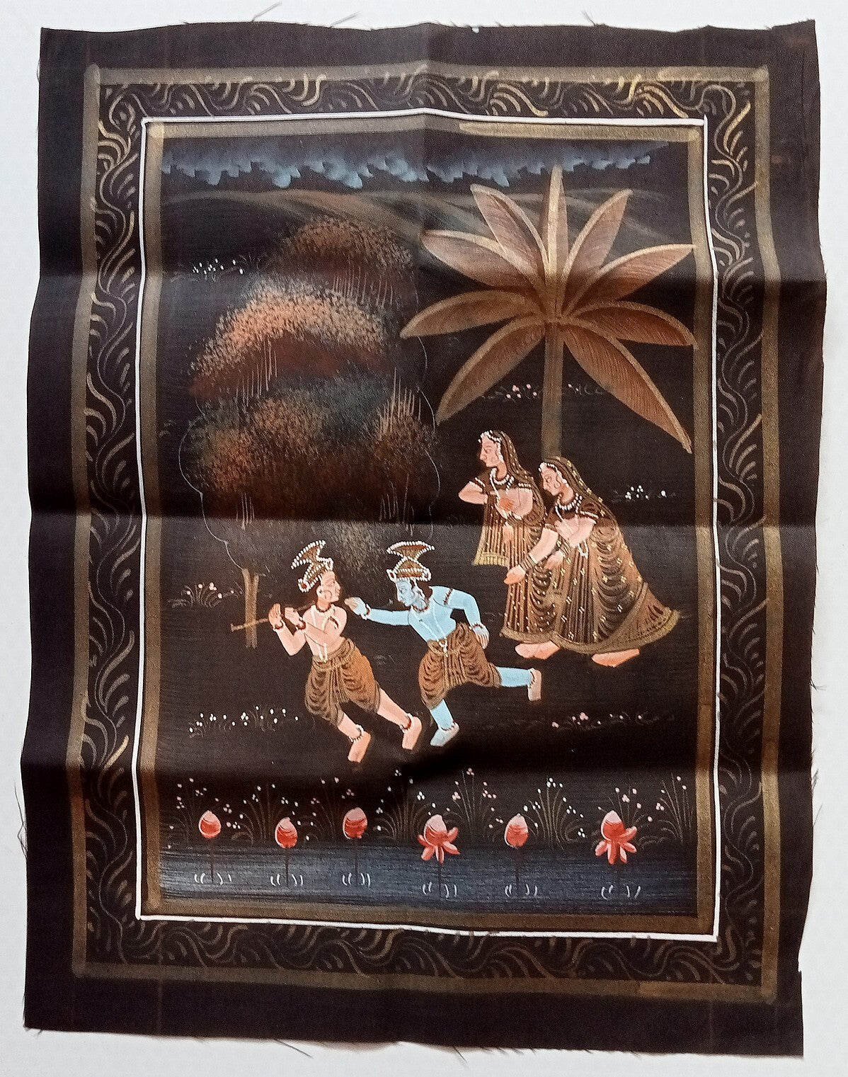 India vintage hand painting on cloth KRISHNA & BALRAM 9 x 12 inches