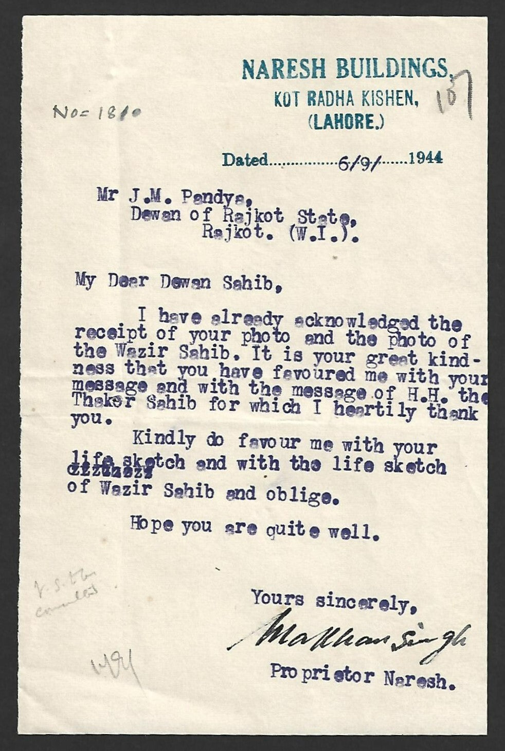 AOP India Correspondence : THE NARESH, pro Princely State magazine 1944
