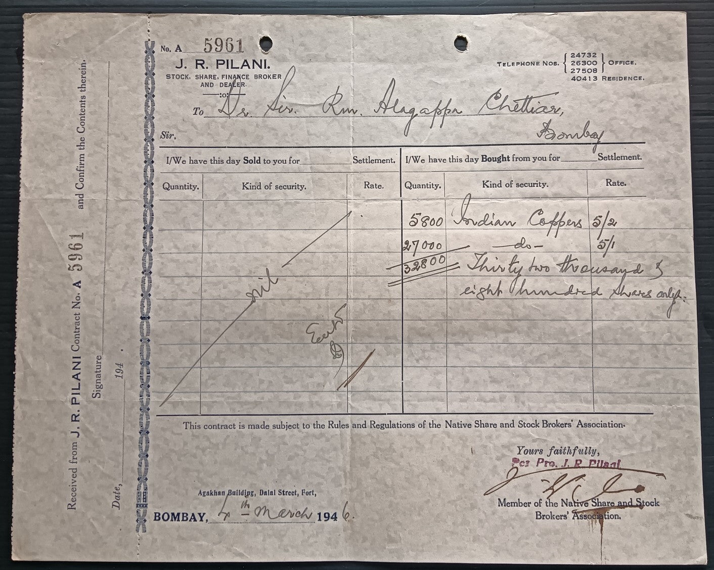 India KGV & KGVI Broker's Note x 7 on 1946 contract note